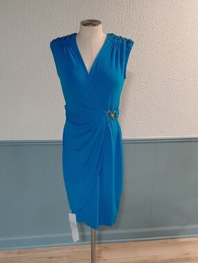 Cache Turquoise Sleeveless Wrap Midi Dress with Shoulder Embellishments